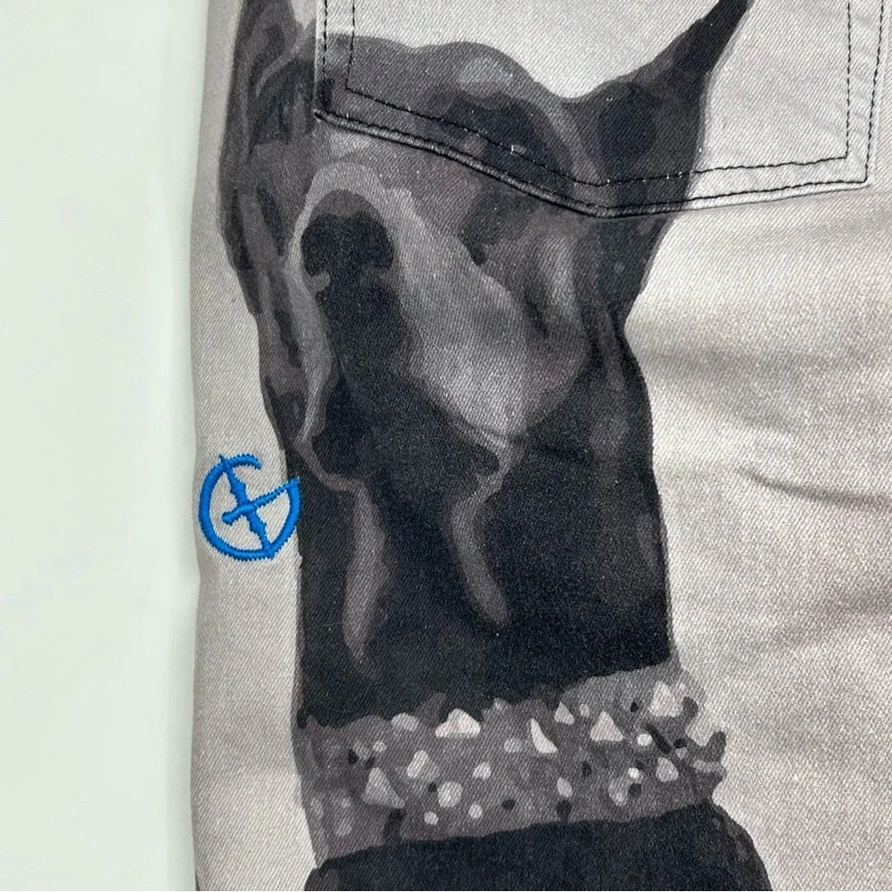 Gala Jeans NWT $180 Doberman Dog Graphic Gothic Blue Script Streetwear Sz W36 - Picture 16 of 16